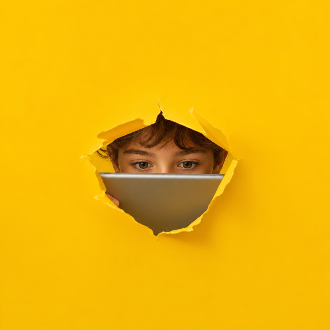 Un enfant regarde par-dessus une tablette, à travers un fond de papier jaune déchiré