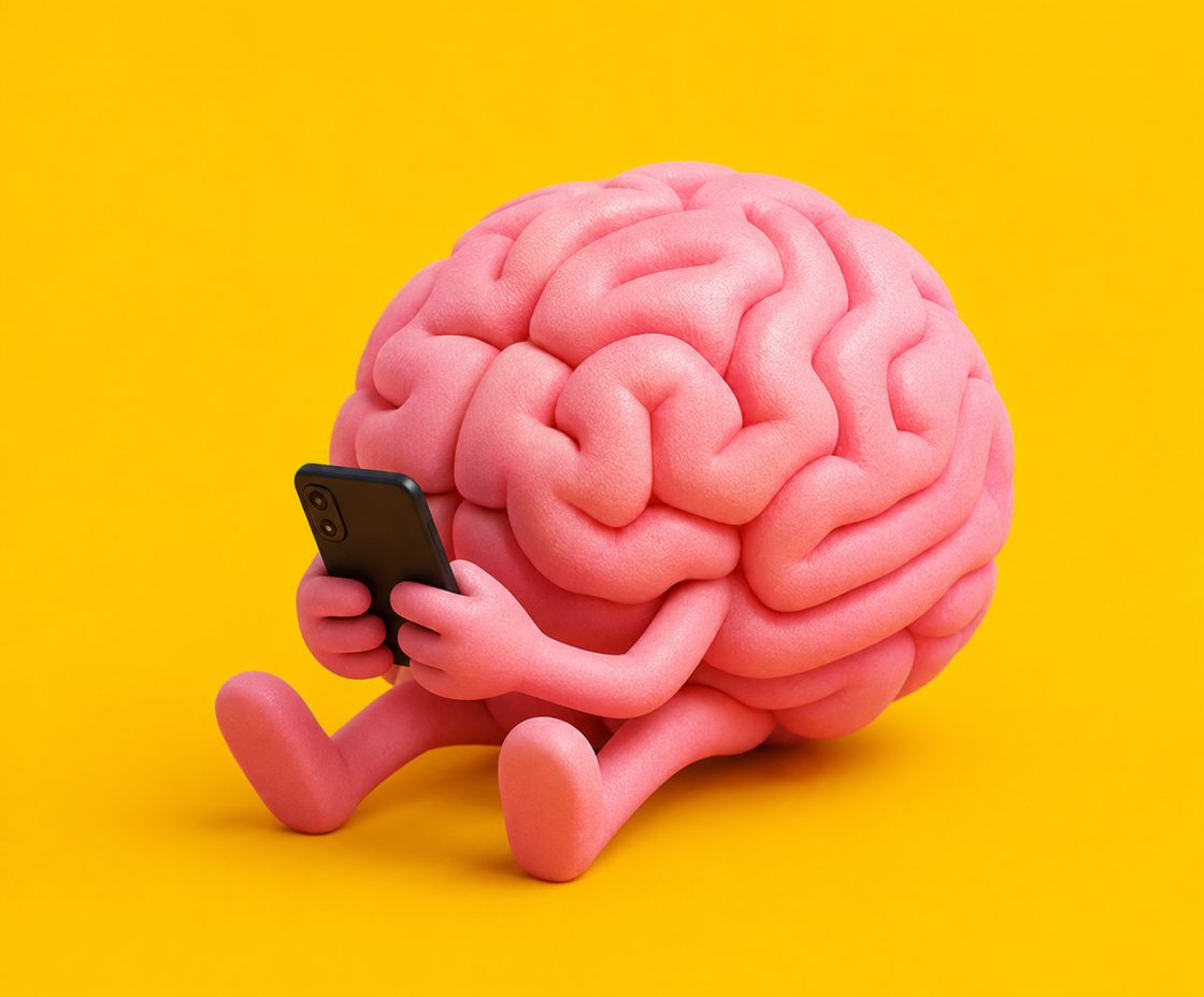 Un cerveau assis, absorbé par un smartphone, sur fond jaune